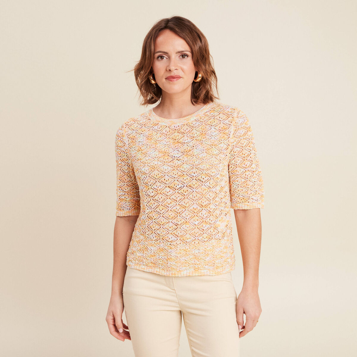 Pull manches courtes ajouré multicolore femme