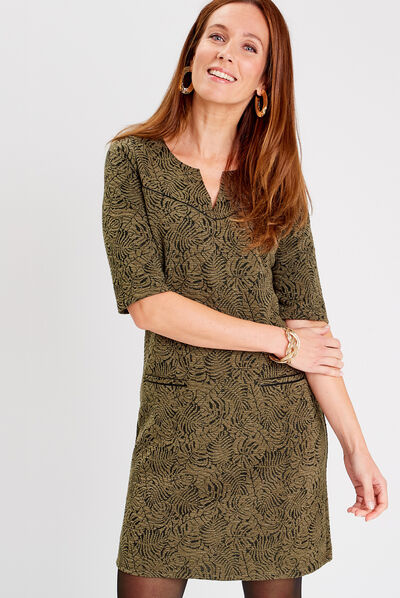 Robe droite manches courtes vert kaki femme
