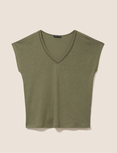 T-shirt col v manches courtes aspect lin vert kaki femme