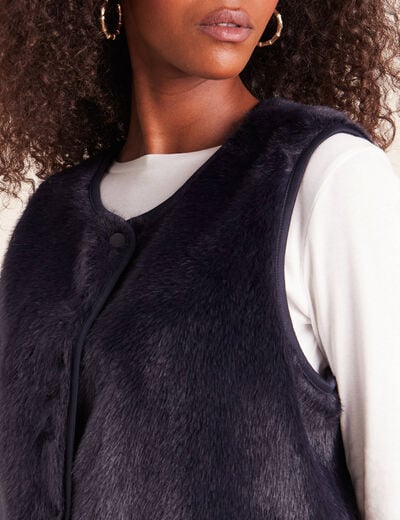 Gilet droit sans manches fausse fourrure bleu fonc&eacute; femme