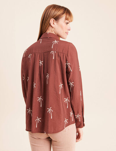 Chemise fluide brod&eacute;e manches longues marron femme