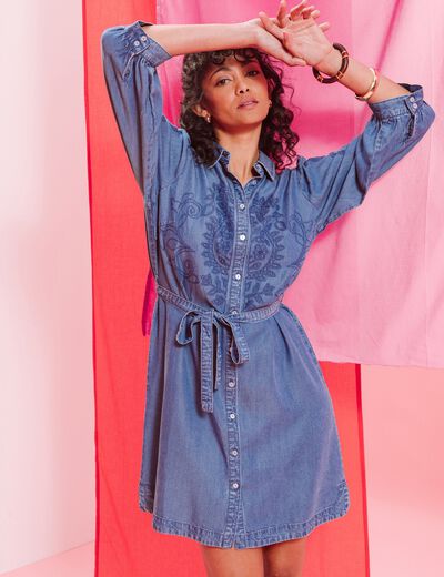 Robe courte &eacute;vas&eacute;e manches 3/4 brod&eacute;e denim double stone femme