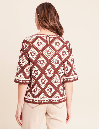 Pull en crochet col rond manches courtes marron femme