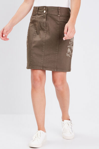 Jupe droite brodée vert kaki femme