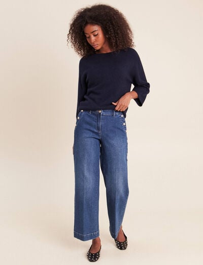 Pull droit col rond manches 3/4 bleu marine femme