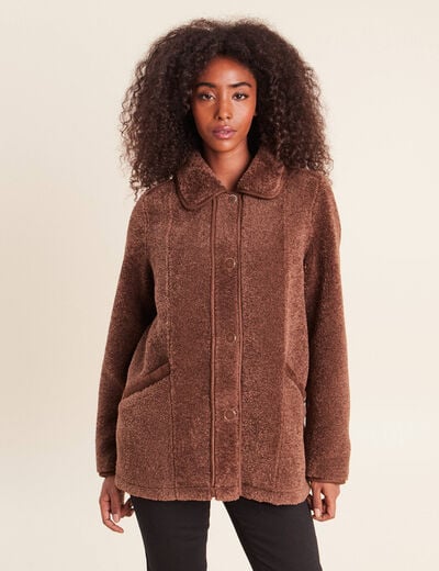 Manteau bouclette doubl&eacute; manches longues marron fonc&eacute; femme