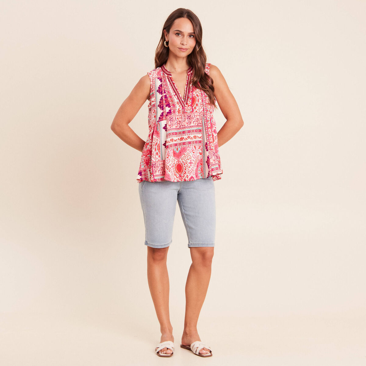 Blouse ample sans manches col v rose femme