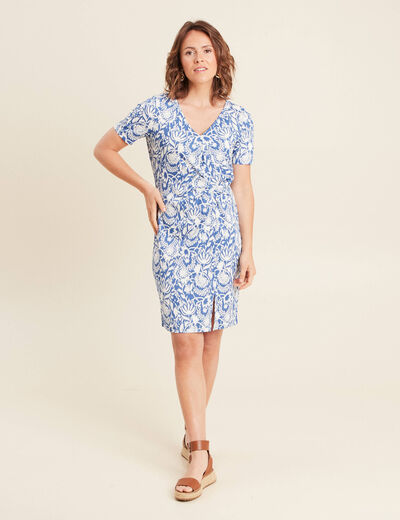 Robe droite courte col V bleu femme