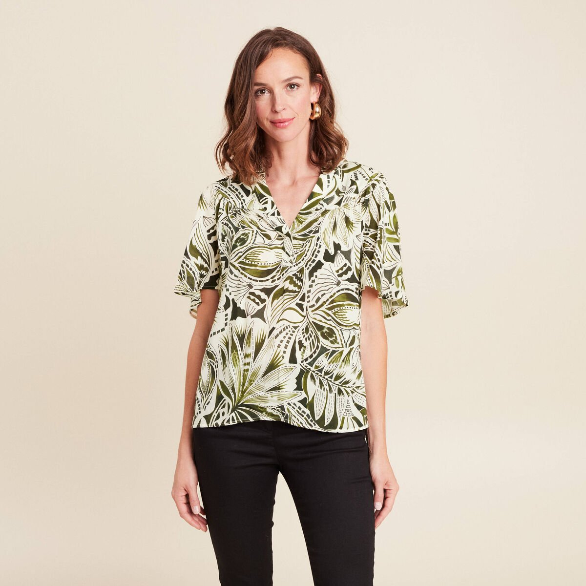 Blouse ample manches courtes fluide vert femme
