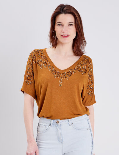T-shirt manches courtes marron femme