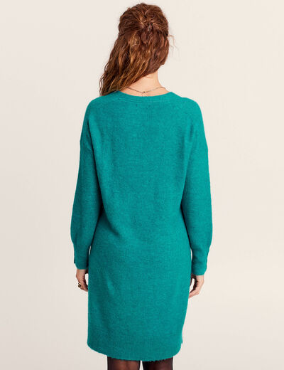 Robe pull droite col en V vert canard femme