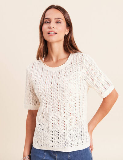 Pull ajour&eacute; col rond ecru femme