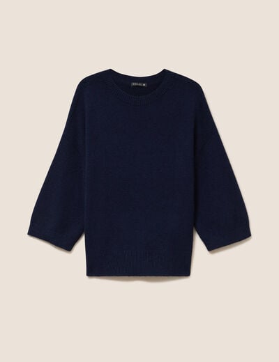 Pull droit col rond manches 3/4 bleu marine femme
