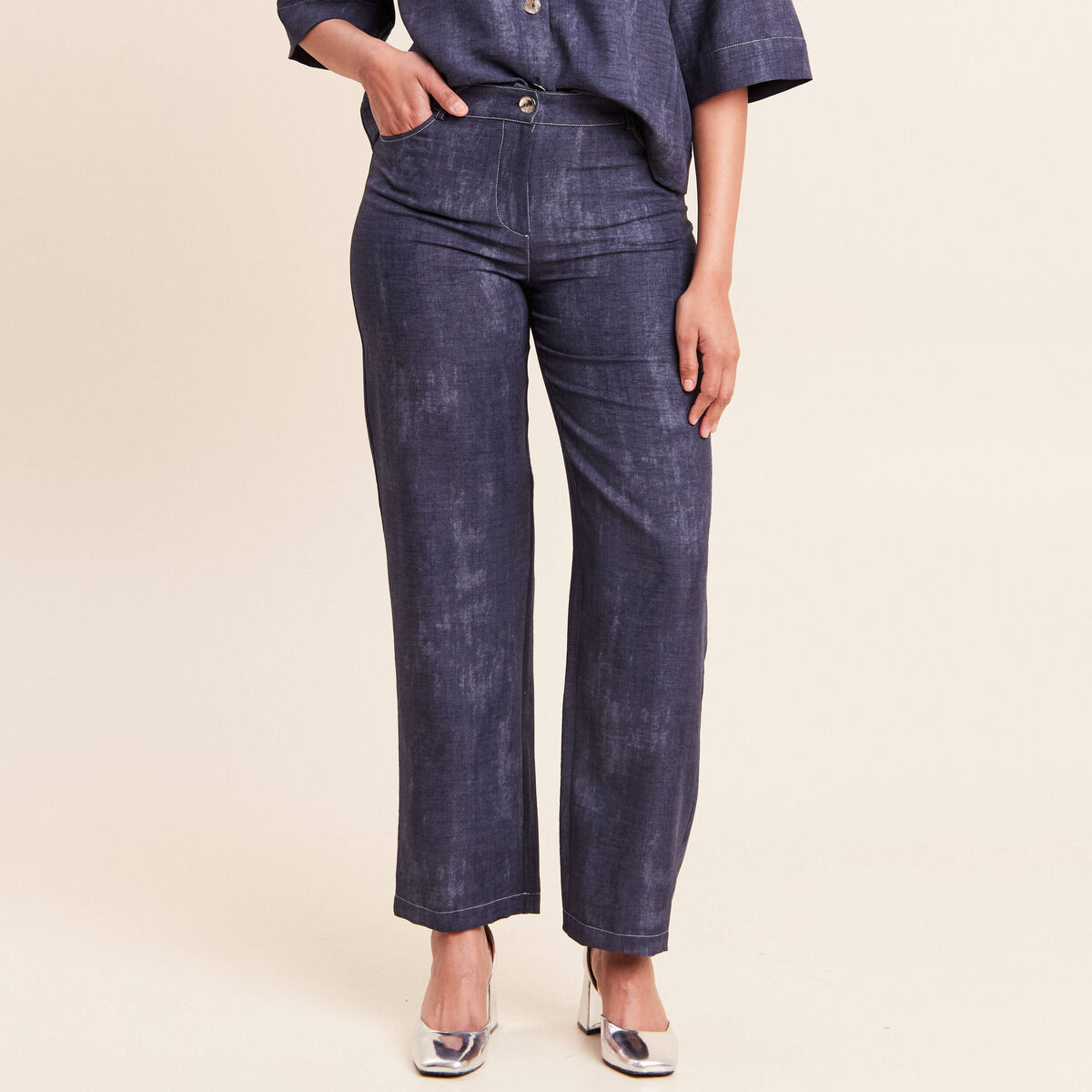 Jean large taille haute 5 poches bleu femme