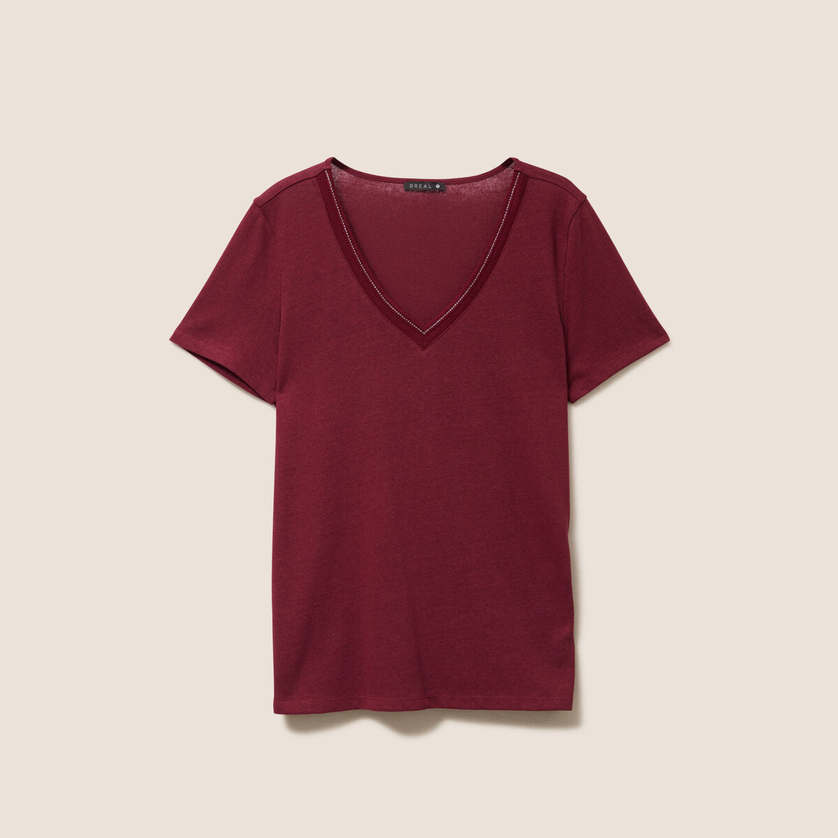 T-shirt manches courtes col en V bordeaux femme