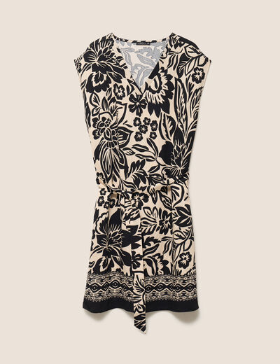 Robe droite courte col V manches courtes noir femme