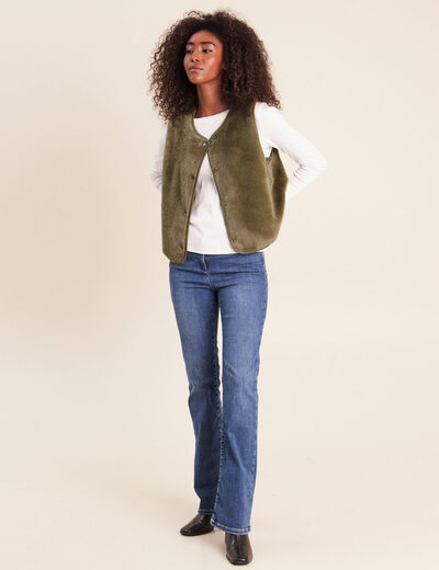 Gilet droit sans manches fausse fourrure vert kaki femme