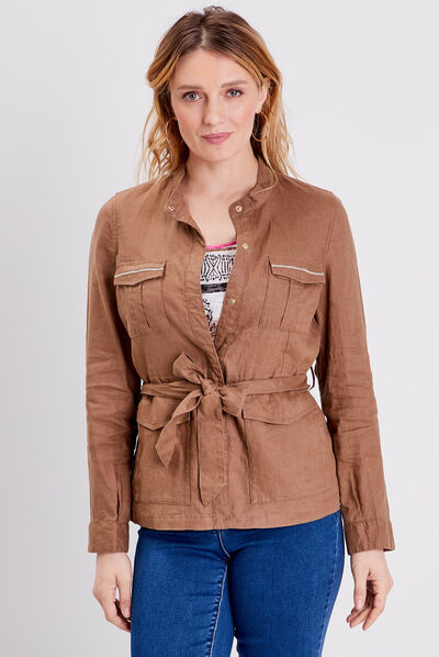 Veste droite ceinturée marron femme