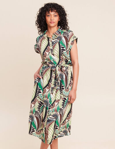 Robe fluide col chemise manches courtes vert femme