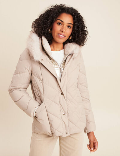 Doudoune ajust&eacute;e &agrave; capuche doubl&eacute;e beige femme