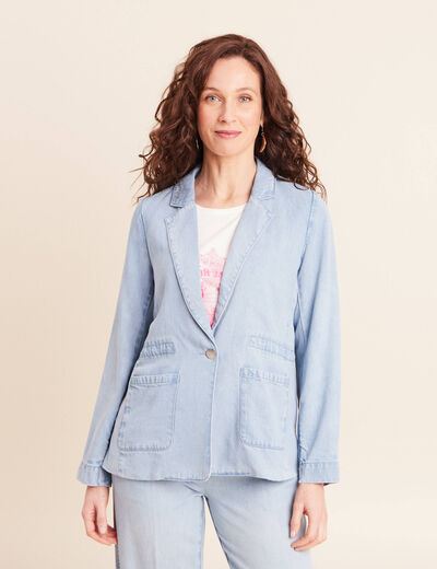 Veste longue cintr&eacute;e en jean doubl&eacute;e denim bleach femme