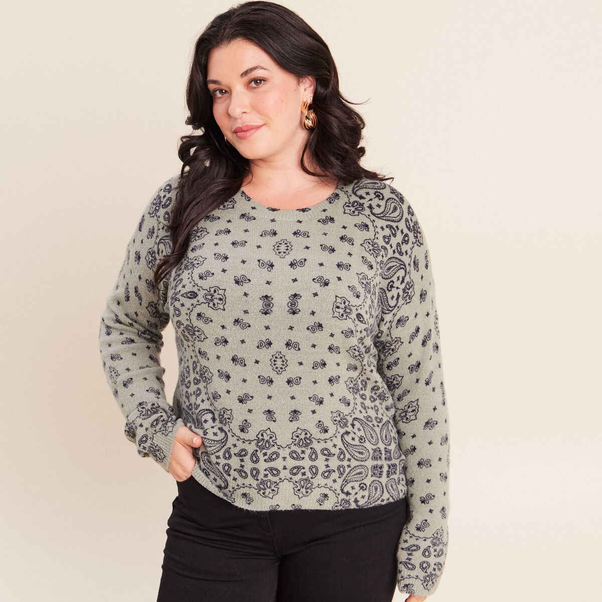 Pull col rond vert femme