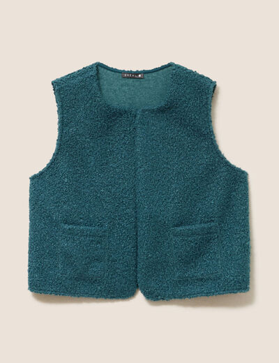 Gilet sans manches bouclette poches vert fonc&eacute; femme