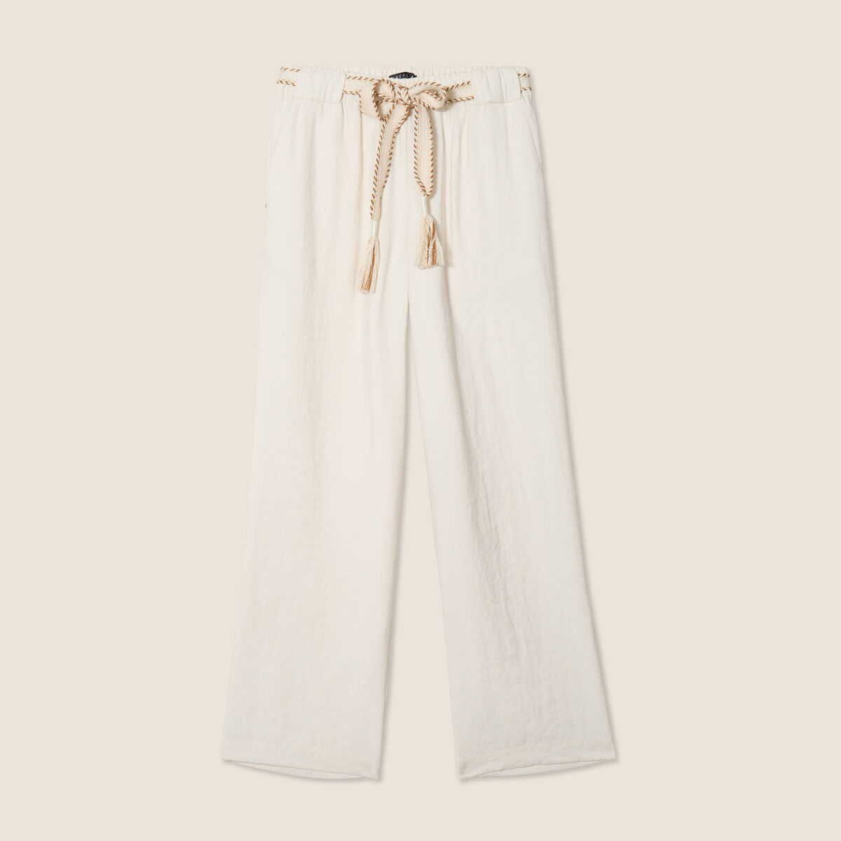 Pantalon large fluide ceinturé ivoire femme