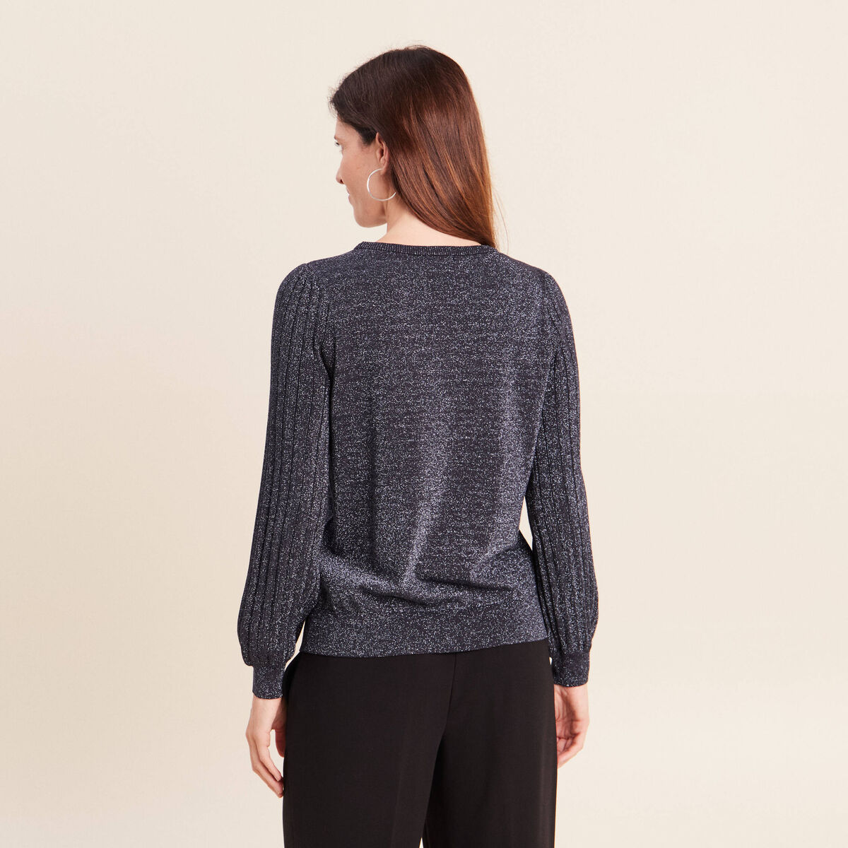 Pull cintr&eacute; col rond manches longues bleu fonc&eacute; femme