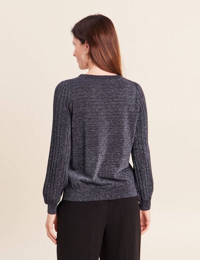 Pull cintr&eacute; col rond manches longues bleu fonc&eacute; femme