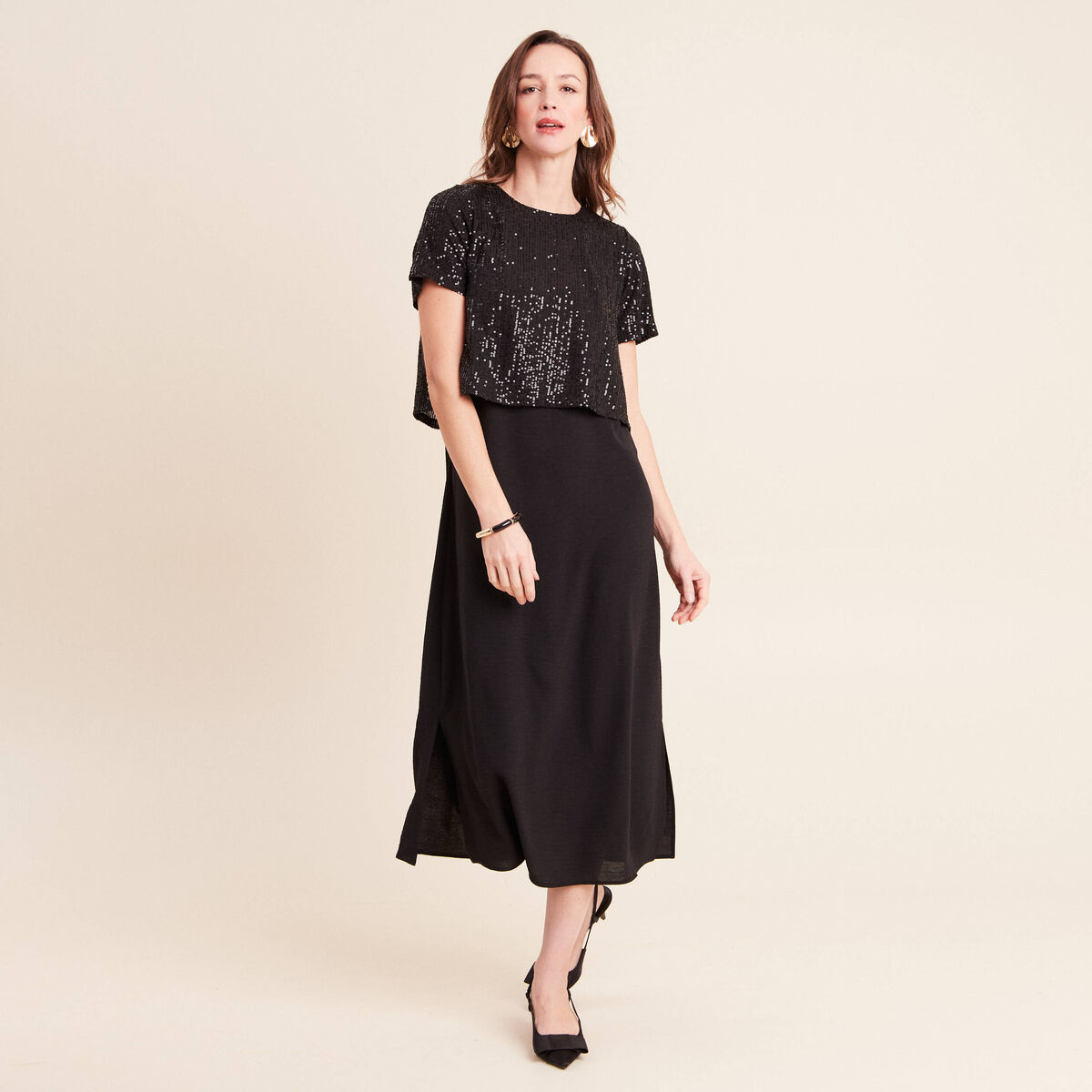 Robe longue &eacute;vas&eacute;e 2 en 1 col rond noir femme