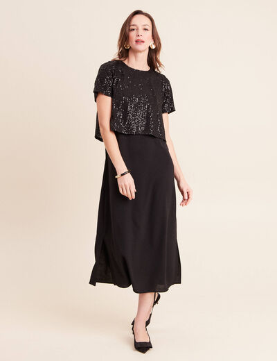 Robe longue &eacute;vas&eacute;e 2 en 1 col rond noir femme