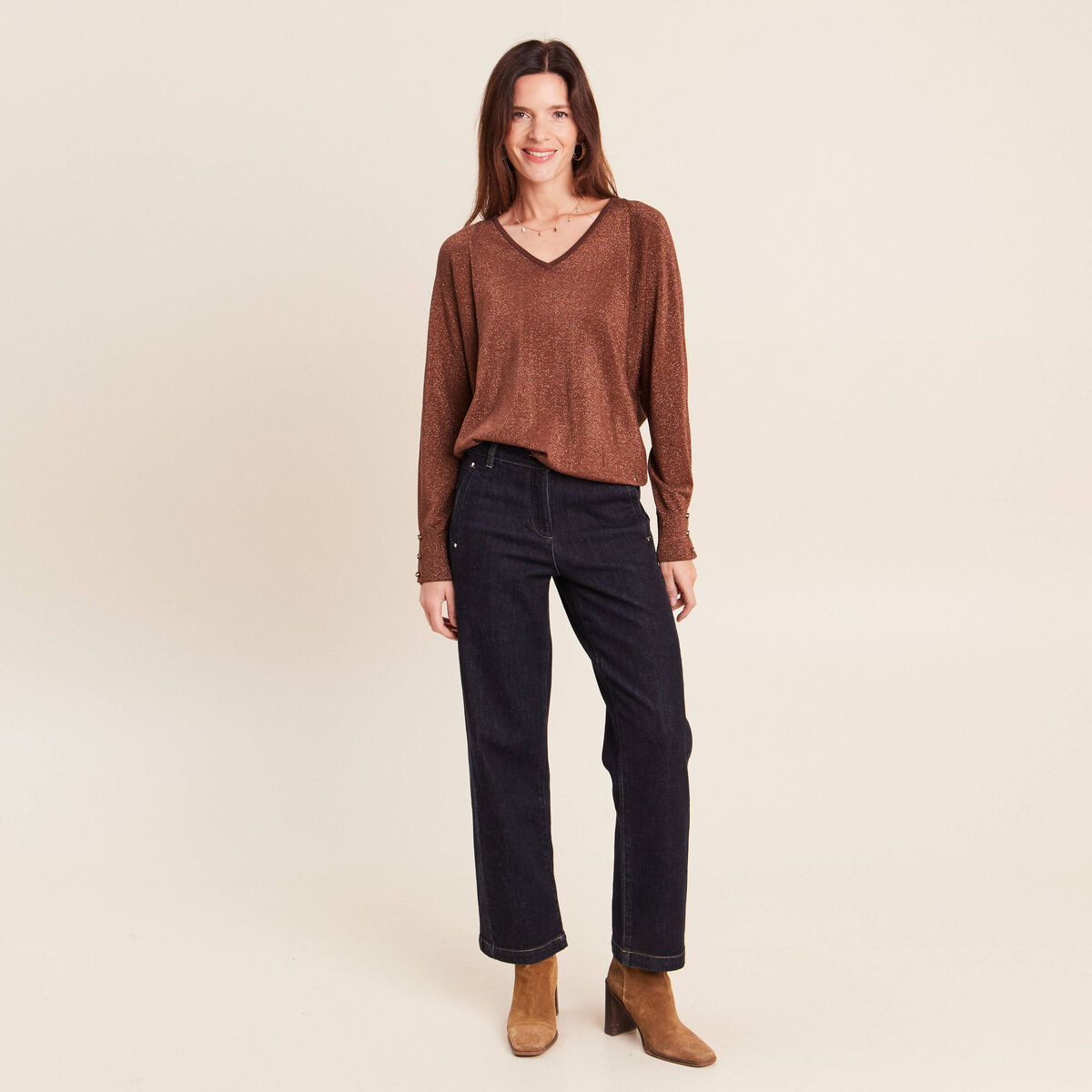 Pull manches longues marron femme