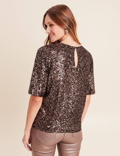 T-shirt &agrave; sequins manches coudes marron fonc&eacute; femme