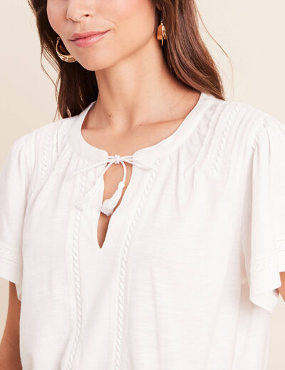 Blouse col tunisien manches courtes ecru femme