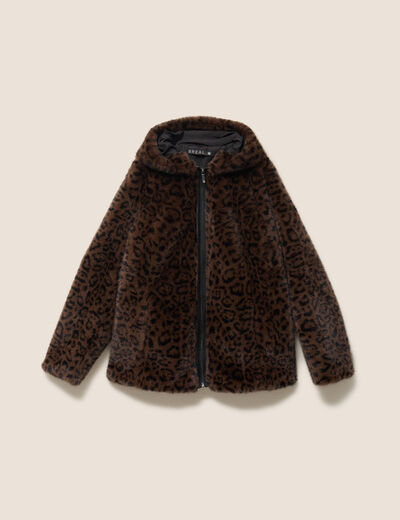 Manteau en fausse fourrure &agrave; capuche marron femme
