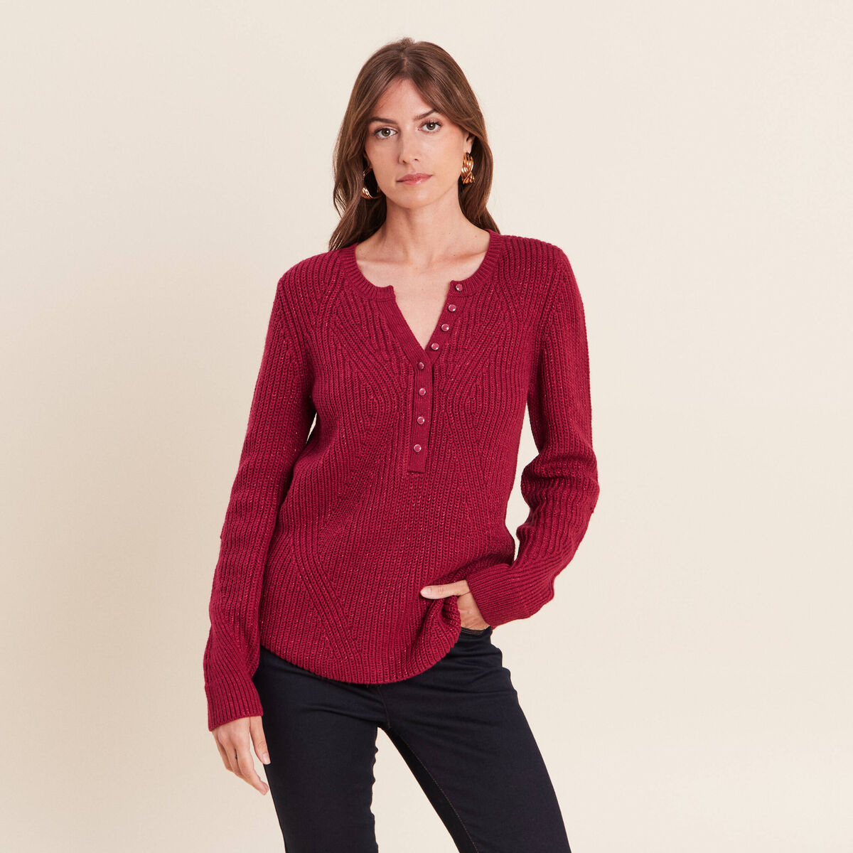 Pull manches longues rouge fonc&eacute; femme