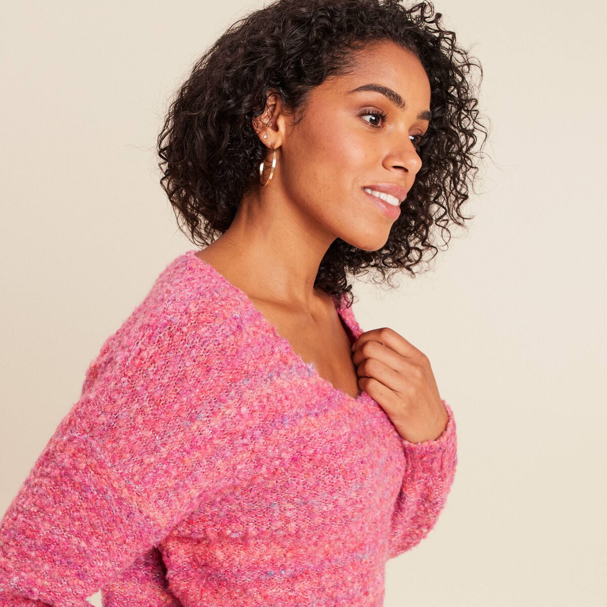 Pull col v manches longues rose fushia femme