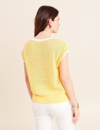 Pull ajour&eacute; sans manches col rond jaune pastel femme