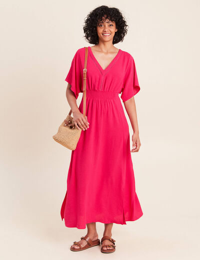Robe longue &eacute;vas&eacute;e col v manches coudes rose fushia femme