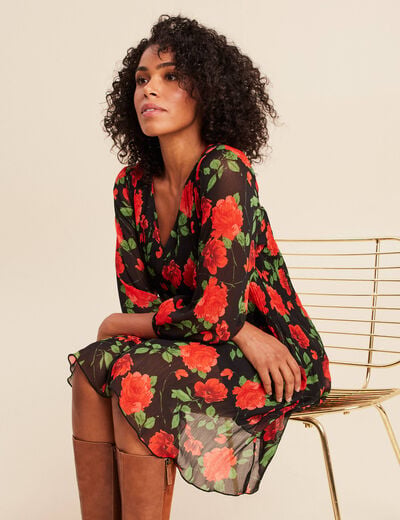 Robe courte &eacute;vas&eacute;e pliss&eacute;e manches 3/4 rouge femme