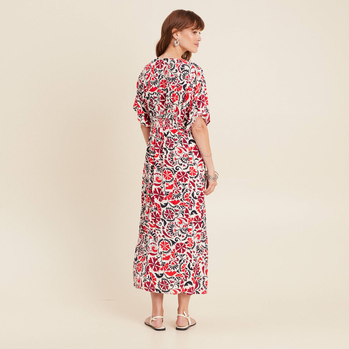 Robe longue évasée col en V blanc femme
