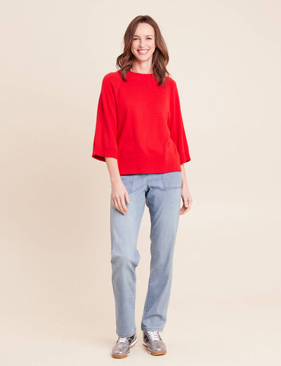 Pull fin col rond manches coudes rouge fluo femme
