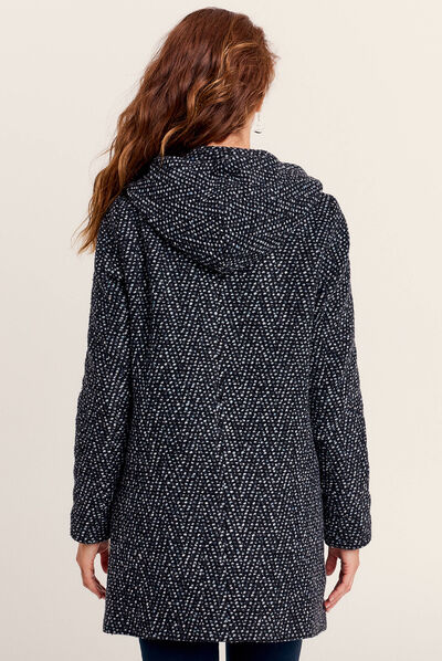 Manteau droit à capuche bleu marine femme