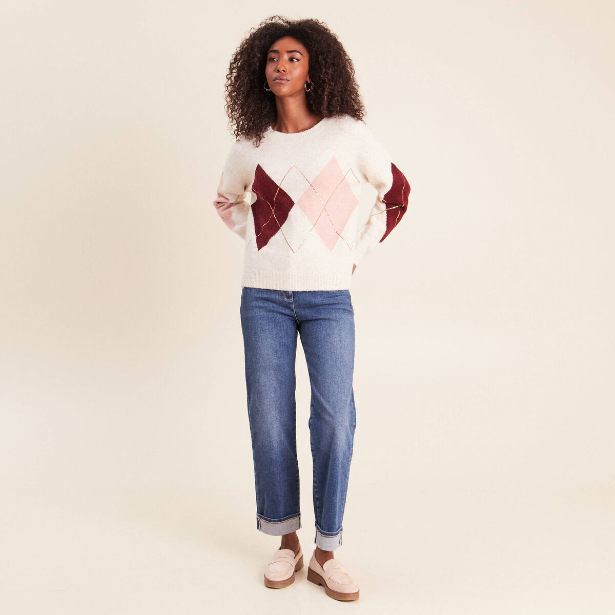 Pull col rond avec strass beige femme