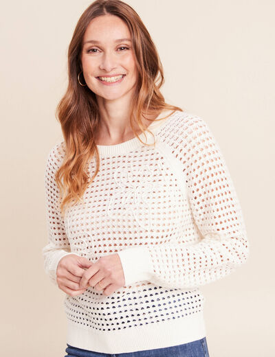 Pull col rond manches longues dentelle ecru femme