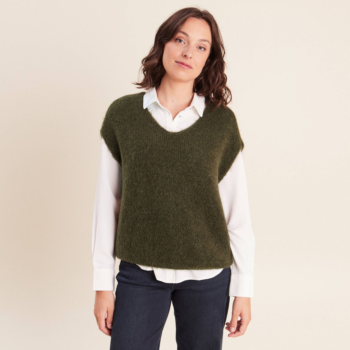 Pull sans manches vert kaki femme