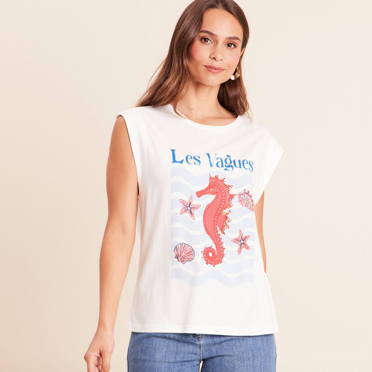 T-shirt sans manches ecru femme
