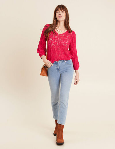 Pull manches 3/4 ajouré rose fushia femme