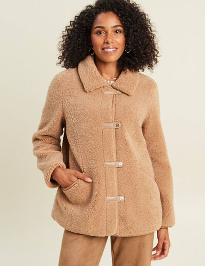 Manteau droit effet mouton beige femme